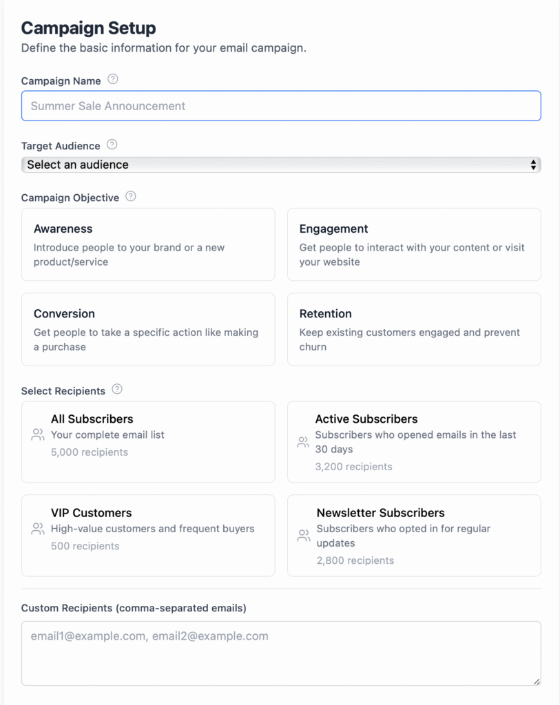 Email marketing simulator campaign setup screen where users name and organize their email projects.

